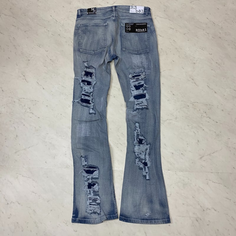 雰囲気◎ R3bel フレアデニム ダメージ加工 パッチワーク W32 y2k R3BEL RIPPED RUST STACKED FLARE DENIM スタックド フレア