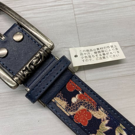 豪華バックル ちりめん和柄 レザーベルト 紺 ロングサイズ 長尺 サイズ調節可能