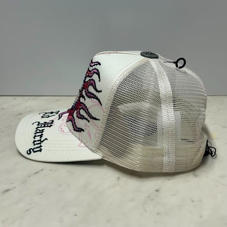 USA仕様 Ed Hardy エドハーディ Skull Flame ラインストーン メッシュ トラッカーキャップ Ivory (EDC8)