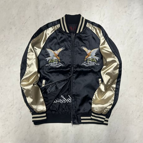 横須賀発祥 スカジャン Yokosuka刺繍入り SUKAJAN 鷹 Eagle 内ポケットあり サテン地 黒 (SKJ59)
