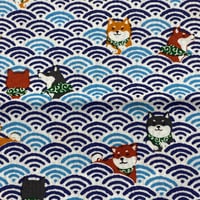 日本製 和柄 バンダナ 柴犬 波柄 大判サイズ 綿100% 水色 (BNDN8)