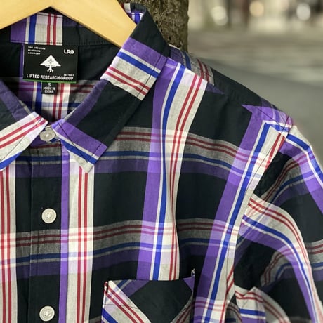 LRG エルアールジー チェック柄 パープル 紫 Purple 半袖 ボタンシャツ 綿100% ストリート