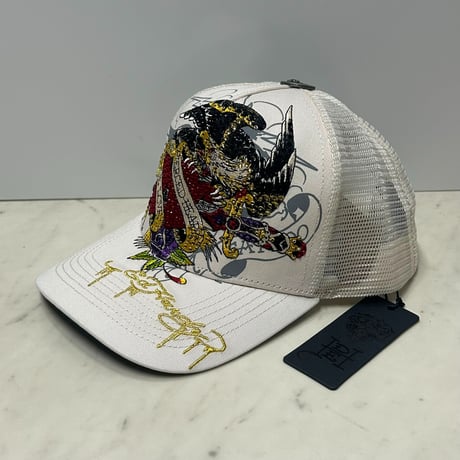 USA仕様 Ed Hardy エドハーディ Rhinestone Pierced Eagle イーグル メッシュ トラッカーキャップ Ivory (EDC4)