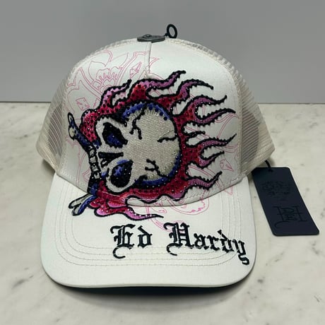 USA仕様 Ed Hardy エドハーディ Skull Flame ラインストーン メッシュ トラッカーキャップ Ivory (EDC8)