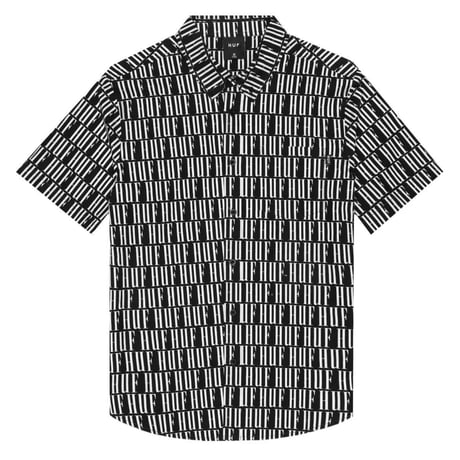 HUF ハフ 半袖 ボタンシャツ モノグラム 総柄 NIGHT MARKET 黒 オールオーバーロゴ テキスタイル