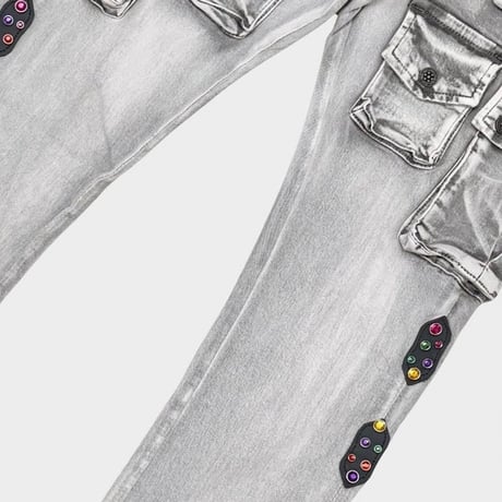 米国シカゴ発 Gunzinii ガンジーニ Jeweled Cargo Stacked Jeans ジュエル カーゴ スタックドデニム (JNS134)