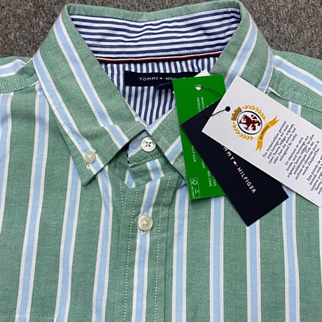 35th限定 TOMMY HILFIGER トミーヒルフィガー CREST ストライプ ボタンダウン 長袖シャツ 緑