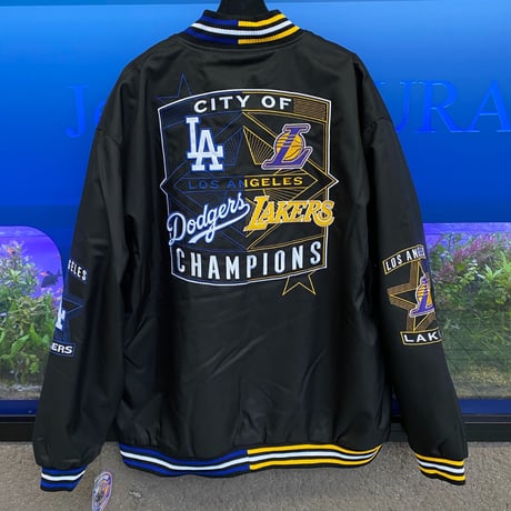 【限定】優勝記念スタジャン JHデザイン City Of Champions レイカーズ NBA ドジャース MLB 黒