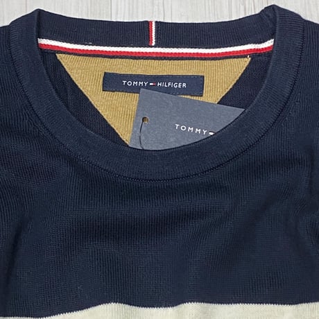 USAモデル TOMMY HILFIGER 綿100％ ストライプ クルーネック セーター 紺 (R4F-38)
