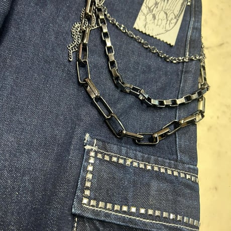 米国シカゴ発 Gunzinii ガンジーニ Raw Indigo Chain Cargo Jeans チェーン付き カーゴデニム (JNS132)