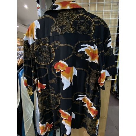 【特別SALE価格】アロハシャツ ALOHA 半袖 ブラック 和柄 きんぎょ 金魚 ハワイアンシャツ RB-18
