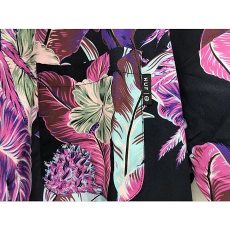 HUF ハフ 半袖 ボタンシャツ 総柄 ALOHA パラダイス リゾート ネイビー 刺しゅうロゴ