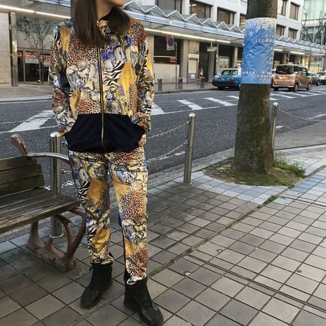 USA製 Brooklyn Crossing ベロア 総柄 セットアップ Men's ジップアップパーカー 紺