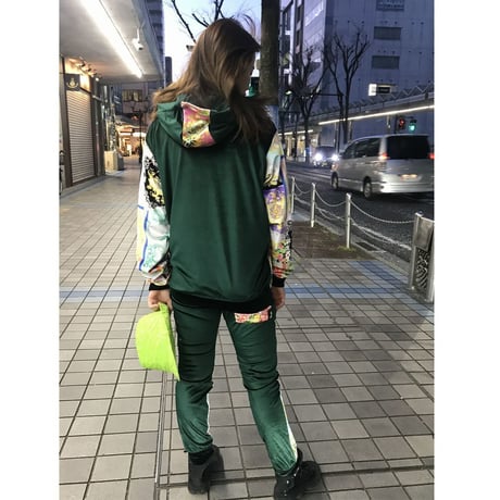 USA製 Brooklyn Crossing ベロア 総柄 セットアップ Men's ジップアップパーカー 緑