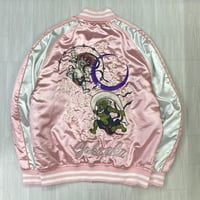 中綿入り Yokosuka刺繍入り スカジャン PUFF SUKAJAN 風神雷神 RAIJIN 桜 総刺繍 ピンク (SKJ100)