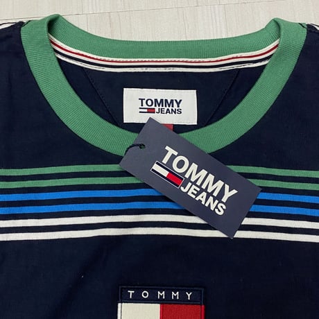 USAモデル TOMMY HILFIGER トミージーンズ TJ ストライプ バッジロゴTシャツ 紺 (R4F-11)