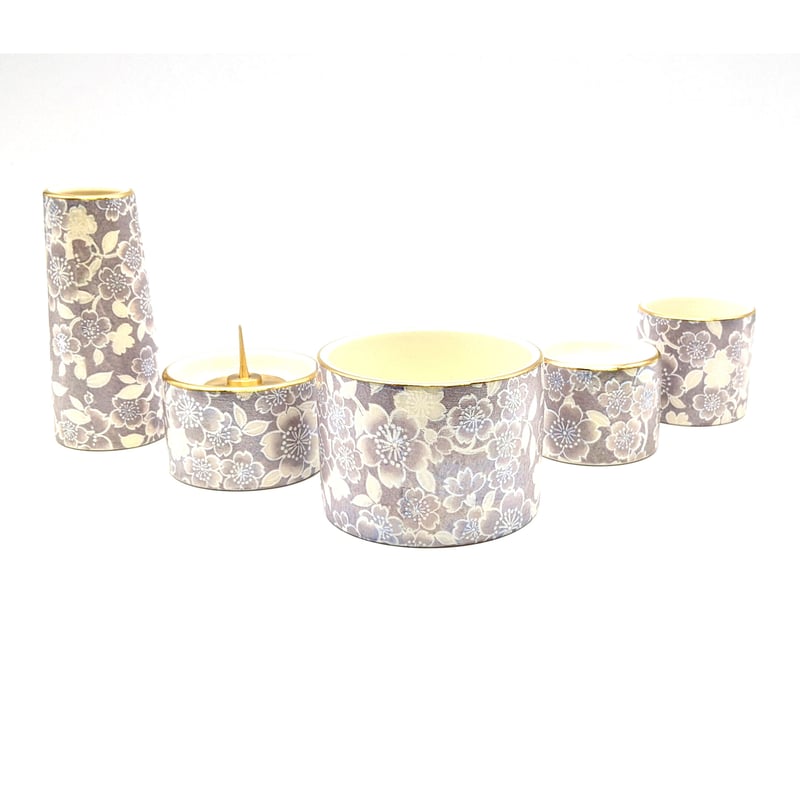モダン仏具 ゆい花 藤色 陶器 コンパクト・ミニ仏具【 ゆい花 藤色5点