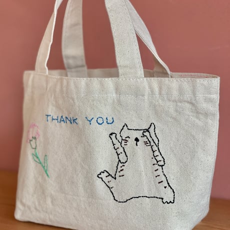 【１点もの】ねこの刺繍入り ミニトートバッグ