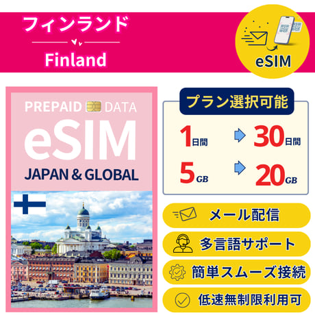フィンランド eSIM 1日から 5GB~20GB 簡単設定 最短即日発行 パスポート不要 送料無料 サポート充実 一時帰国 留学 短期 出張 追加購入 無制限 Finland SIM +