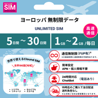 【ヨーロッパSIM】無制限 データ通信専用 プリペイドSIMカード 旅行 出張 帰国向け 5日~30日間 1GB~2GBデータ容量 格安SIM 送料無料 簡単設定 登録不要 Europe  sim