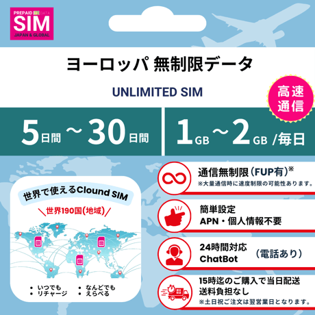 【ヨーロッパSIM】無制限 データ通信専用 プリペイドSIMカード 旅行 出張 帰国向け 5日~30日間 1GB~2GBデータ容量 格安SIM 送料無料 簡単設定 登録不要 Europe  sim