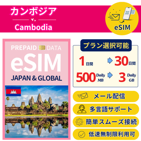 カンボジア eSIM 1日から 500MB~30GB 簡単設定 最短即日発行 パスポート不要 送料無料 サポート充実 一時帰国 留学 短期 出張 追加購入 無制限 Cambodia SIM