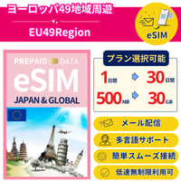 ヨーロッパ49地域周遊 eSIM 1日から 500MB~30GB 簡単設定 最短即日発行 パスポート不要 送料無料 メール配信 サポート充実 留学 短期 出張 European49region