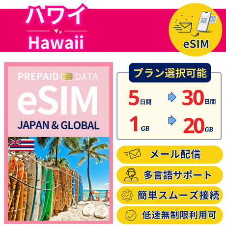 ハワイ eSIM 1日から 1GB~30GB 簡単設定 最短即日発行 パスポート不要 送料無料 サポート充実 一時帰国 留学 短期 出張 追加購入 無制限 Hawaii SIM