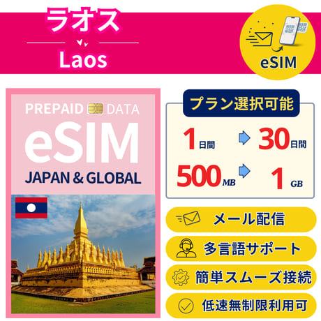 ラオス eSIM 1日から 500MB~30GB 簡単設定 最短即日発行 パスポート不要 送料無料 サポート充実 一時帰国 留学 短期 出張 追加購入 無制限 Laos SIM
