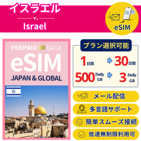 イスラエル eSIM 1日から 500MB~30GB 簡単設定 最短即日発行 パスポート不要 送料無料 サポート充実 一時帰国 留学 短期 出張 追加購入 無制限 Israel SIM