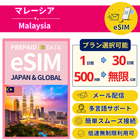 マレーシア eSIM 1日から 1GB~30GB 簡単設定 最短即日発行 パスポート不要 送料無料 サポート充実 一時帰国 留学 短期 出張 追加購入 無制限 Malaysia SIM