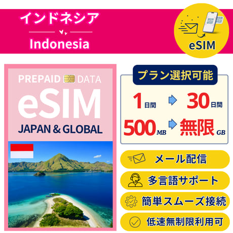 インドネシア eSIM 1日から 1GB~30GB 簡単設定 最短即日発行 パスポート不要 送料無料 サポート充実 一時帰国 留学 短期 出張 追加購入 無制限 Indonesia SIM