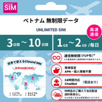 【ベトナムSIM】無制限 データ通信専用 プリペイドSIMカード 旅行 出張 帰国向け 3日~10日間 1GB~2GBデータ容量 格安SIM 送料無料 簡単設定 登録不要 Vietnam sim
