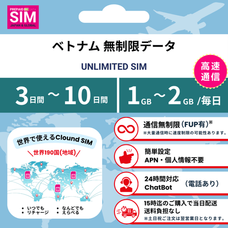 【ベトナムSIM】無制限 データ通信専用 プリペイドSIMカード 旅行 出張 帰国向け 3日~10日間 1GB~2GBデータ容量 格安SIM 送料無料 簡単設定 登録不要 Vietnam sim