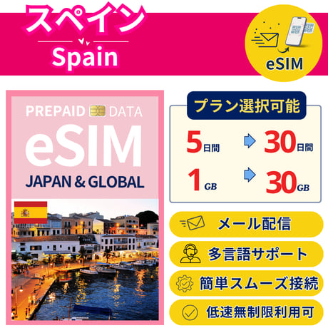 スペイン eSIM 1日から 1GB~30GB 簡単設定 最短即日発行 パスポート不要 送料無料 サポート充実 一時帰国 留学 短期 出張 追加購入 無制限 Spain SIM