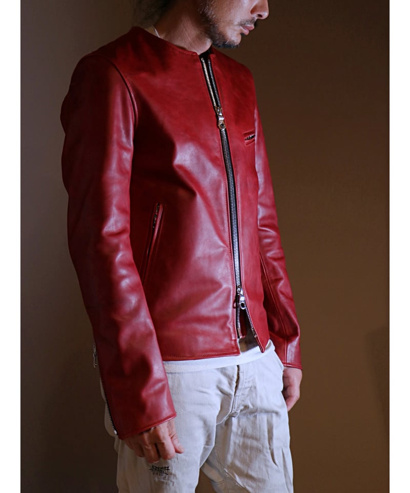 セール agnes b. ストレッチコットン ライダースジャケット 赤 LICHT ADEL / LS-JKT02 / カラーレスシングルライダース