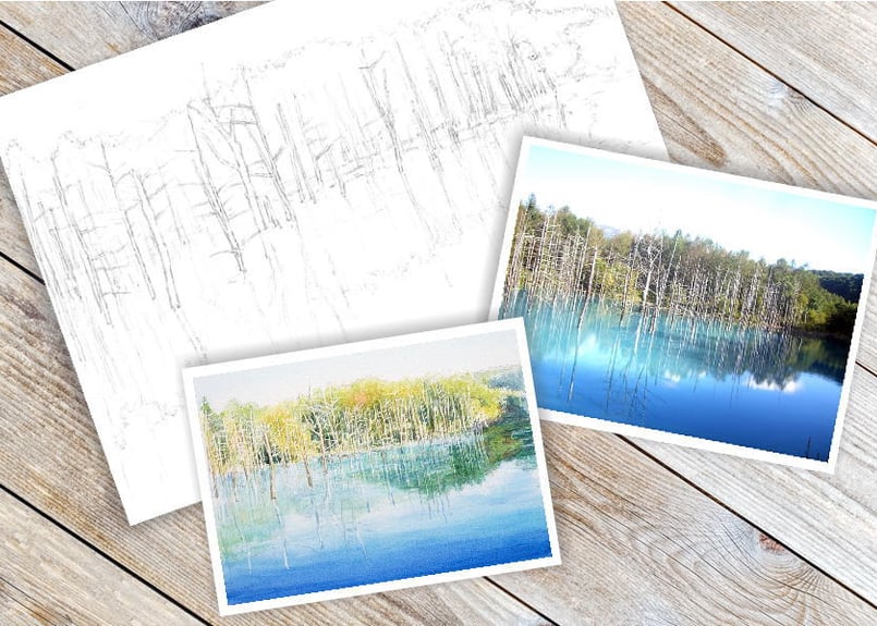 204b 北海道・美瑛の青い池（着彩見本付き） | 下絵工房カルトーネ