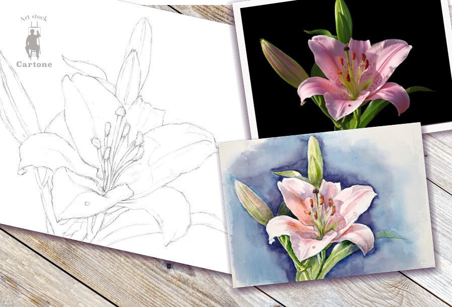 ユリの花束 水彩画 フレーム付き F6号サイズ ユリの花束 水彩画
