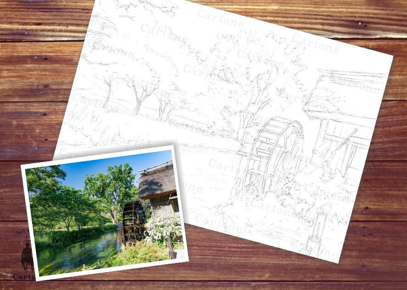 200a 清流と水車小屋 | 下絵工房カルトーネ