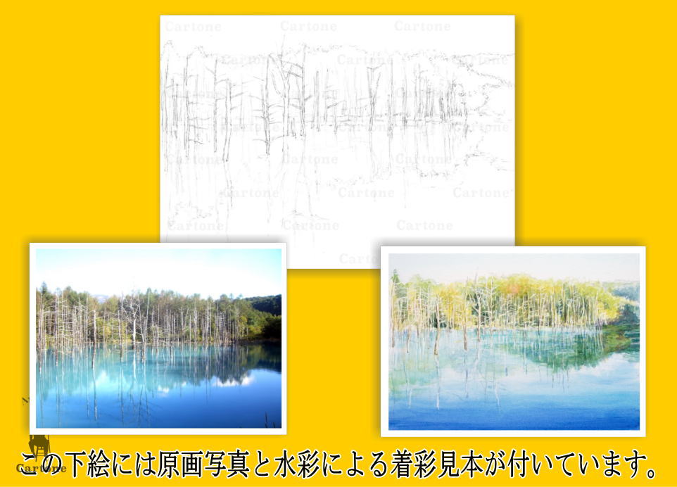 北海道美瑛「青い池」F12 絵画 油彩画 風景画 原画 204b 北海道・美瑛の青い池（着彩見本付き） | 下絵工房カルトーネ