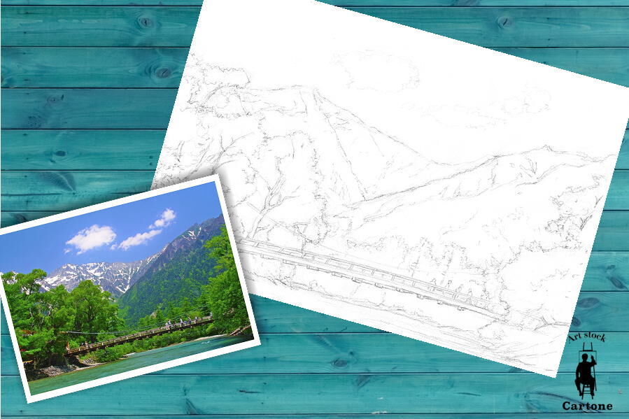115a 穂高連峰と河童橋『上高地』 | 下絵工房カルトーネ