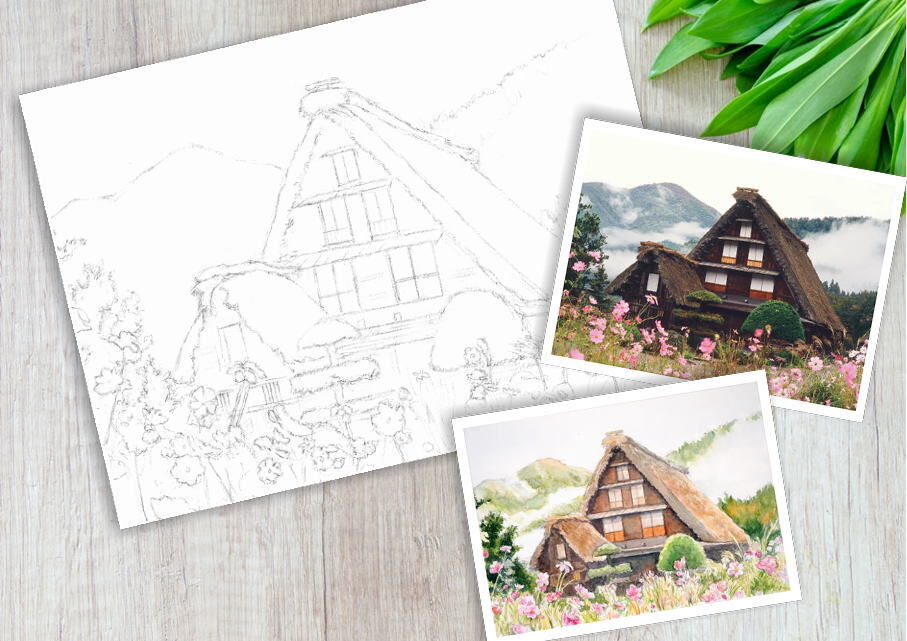 169b コスモスと茅葺屋根の家 （着彩見本付き） | 下絵工房カルトーネ