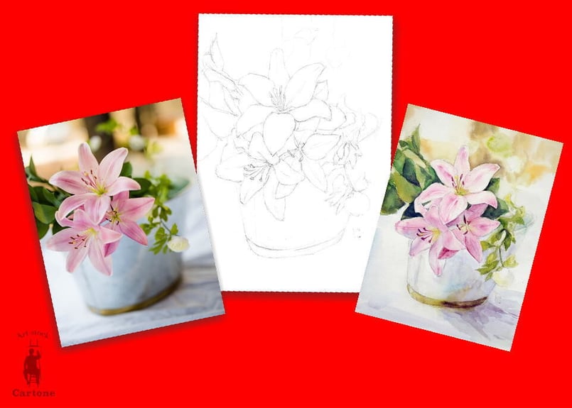 ユリの花束 水彩画 フレーム付き F6号サイズ 138d ピンクのユリ （着彩見本付き） | 下絵工房カルトーネ