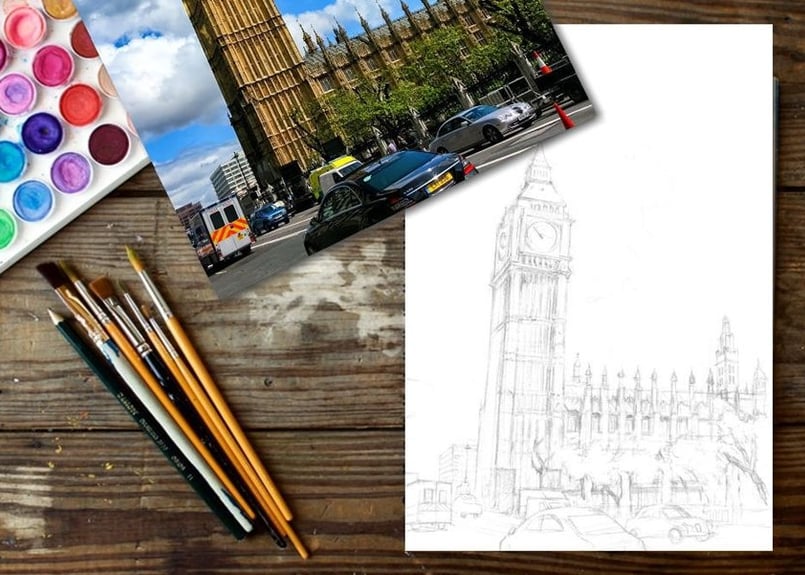 原画#3623 ビッグベン　雨　ロンドン　水彩画　ドローイング　絵画　絵　アート 原画#3623 ビッグベン 雨 ロンドン 水彩画 ドローイング 絵画 絵