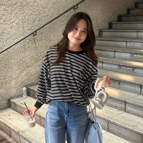 Embroidery L/S border BIG Tee　[black]　HEV-24030