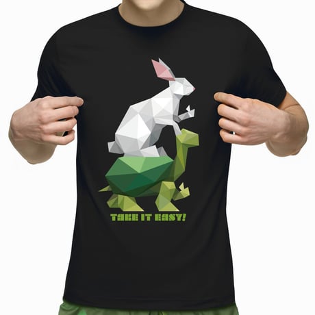 新チャレンジョイTシャツ（ブラック・ウサギ＆カメ）designed by Makotoko