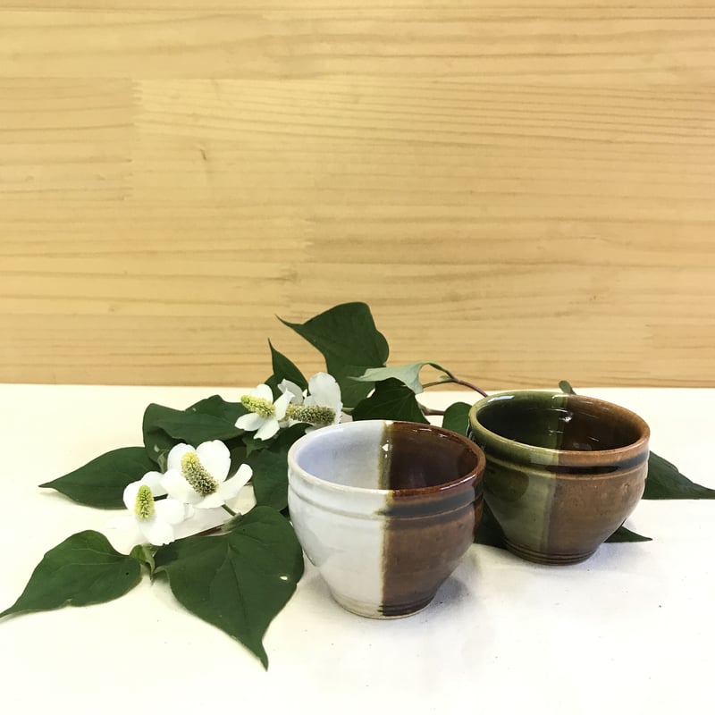 お猪口 掛け分け Sand blown × Olive | 鳥取因幡焼