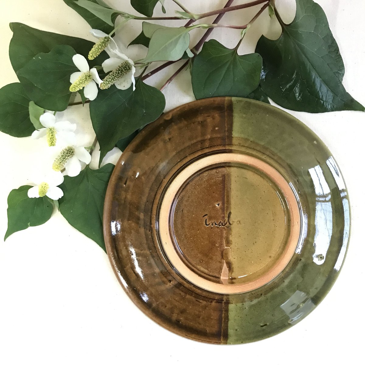 6寸皿 掛け分け Sand blown × Olive | 鳥取因幡焼