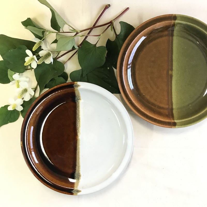 6寸皿 掛け分け Sand blown × Olive | 鳥取因幡焼