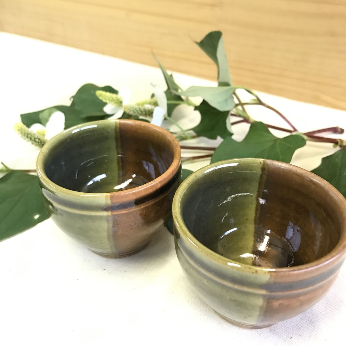 お猪口 掛け分け Sand blown × Olive | 鳥取因幡焼